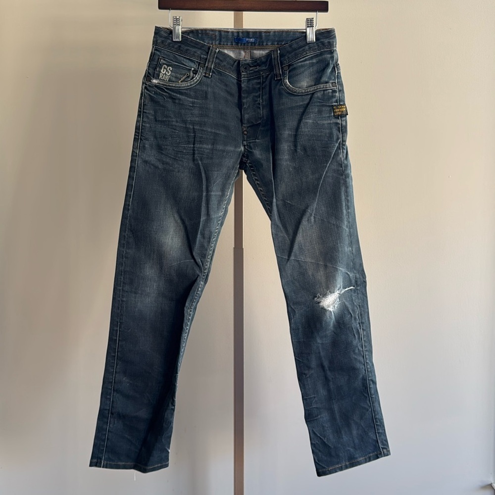 G-Star Raw Men’s Jeans, Size 29x30, Distressed with Knee Hole, Good Condition